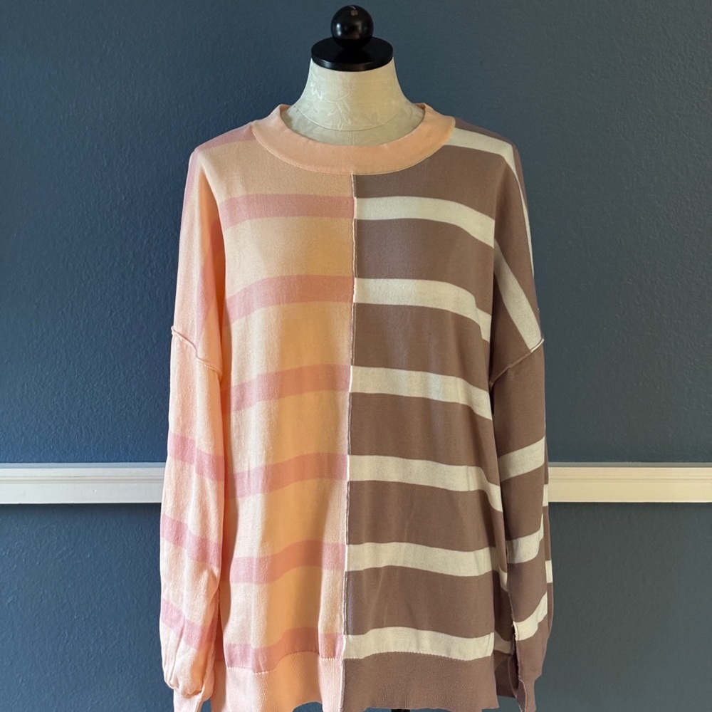 Andree by Unit Two Tone Striped Pullover Crew Neck Sweater - Size 1X